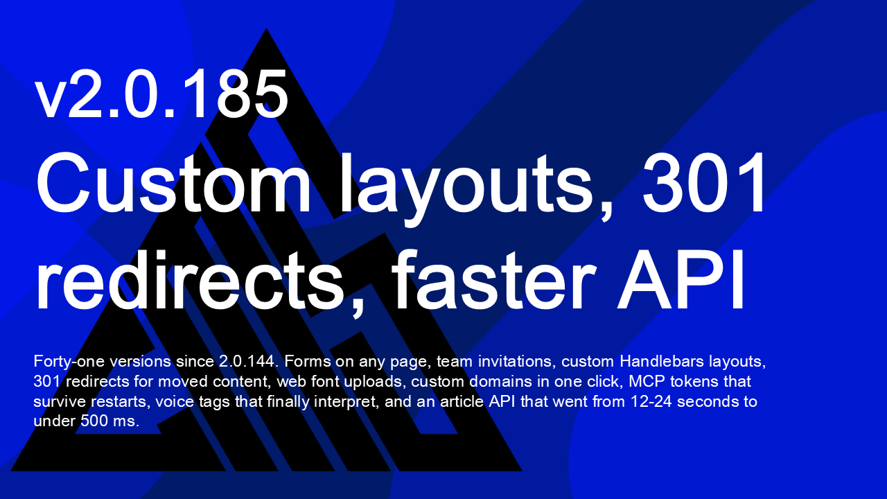 OmniCon 2.0.185 — Forms, invitations, custom layouts, 301 redirects, and a much faster API